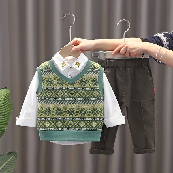 Weste OLEKID Frühling Herbst Jungen 3 STÜCKE Kleidung Set Strickpullover Weste Stickerei Baumwolle Hemd Hosen Baby Jungen Kleidung Anzug 230329