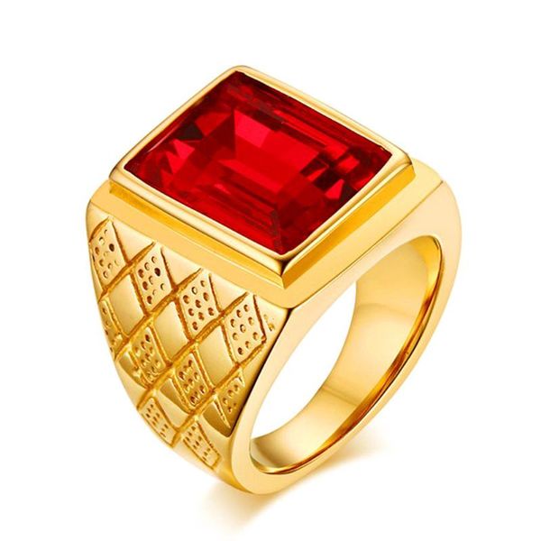 Cluster Ringe Große Quadratische Rubinrote Edelsteine Für Männer Goldfarbe Titan Edelstahl Schmuck Bague Bijoux Männliches Fingerzubehör