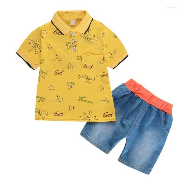 Roupas conjuntos de roupas, roupas de menino, crianças fofas de folhas imprimindo lapela shorts de manga curta Terming algodão por 0-4 anos