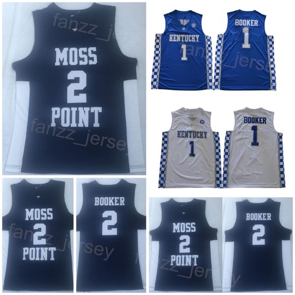 Moss Point High School Basketball 2 Devin Booker Jersey 1 Kentucky Wildcats College University Shirt Für Sportfans Atmungsaktiv Genäht Marineblau Weiß Herren NCAA