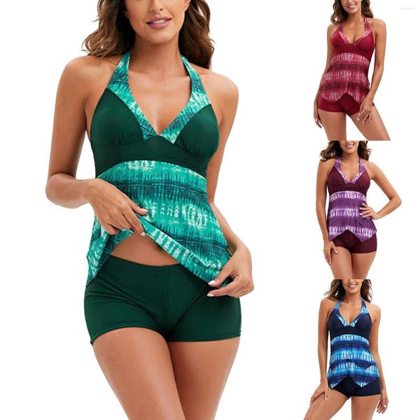 Kadın Mayo Flouce Bikini Parçası Kadınlar 2 Boyshorts Set Baskılı Top Yüzme Tankinis Kadın Banyosu Süitler