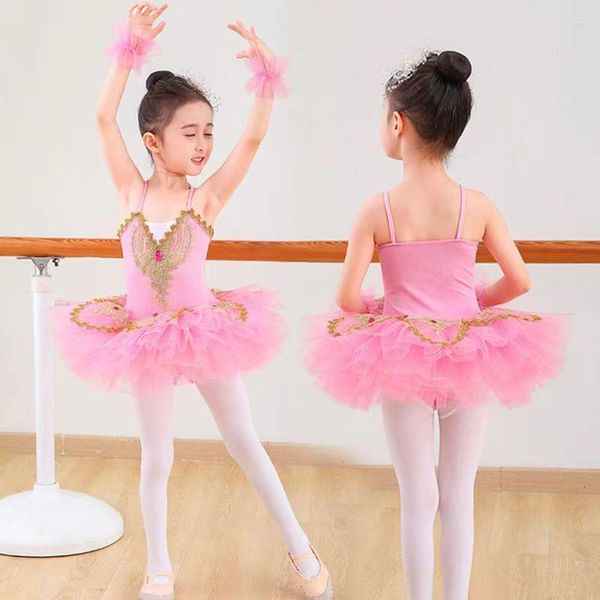 Abbigliamento da palcoscenico Abito da tutù per balletto ricamato Bambina per bambini Ballerina Body Dancewear Senza maniche in tulle con fionda Costume da spettacolo di danza