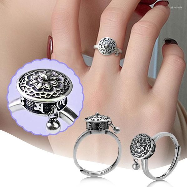 Anéis de casamento Seis caracteres Silver Color Buddhist Ring para mulheres Roda de oração tibetana om mantra 7 chakras boa sorte tingwedding toby22