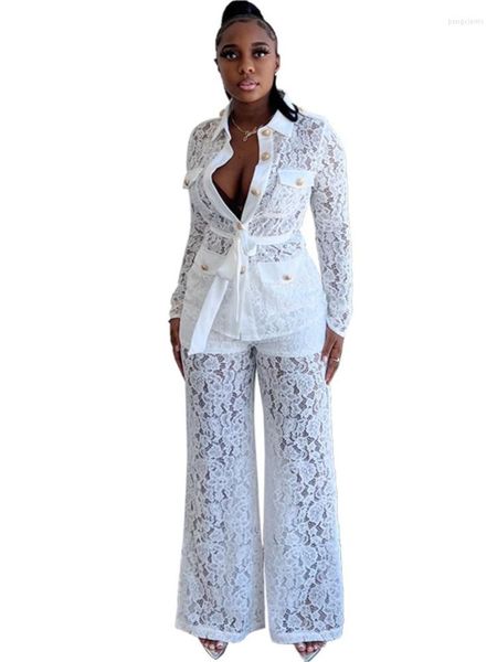 Abbigliamento etnico Abiti africani per le donne Set in due pezzi Top e pantaloni a gamba larga Tute Fashion Lace See Through Sexy Africa Kanga Outfits