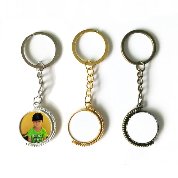 Metal Chaves de transferência de calor de dupla face pingente sublimação em branco Keychain de 360 ​​graus decoração de partida giratória DIY Keyring