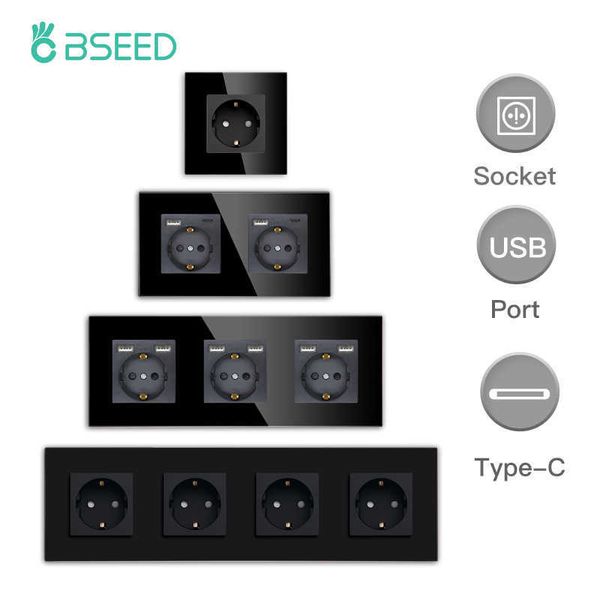 Европейский союз BSEED Toma Socket с USB -интерфейсом тип C Стент для домашнего телефонного компьютера стекло 16A Z0327