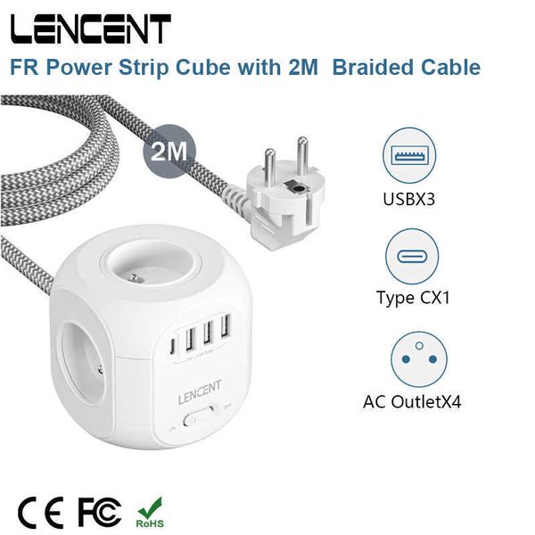 Глазки Lencent FR Strip Cube Con 4 Tomas de Corriente AC 3 Puertos USB 1 Tipo C 2M Cable Trenzado Apdateador de Corriente Mltiple con Conruptor Para El Hogar Z0327