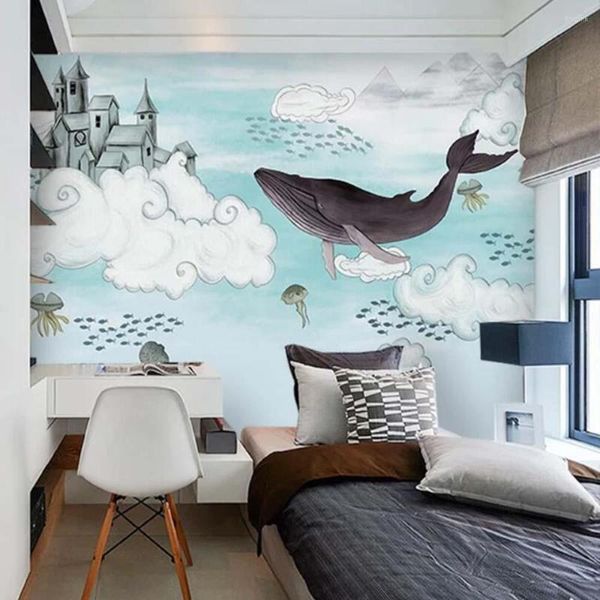 Sfondi 3D Whale Camera da letto per bambini Carta da parati in cartone Murales per TV Sfondo Decorazioni per pareti Murale strutturato Rotoli di carta Po stampati HD