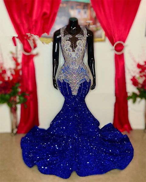 Sparkly Royal Blue O Sece Long Prompes для чернокожих девушек 2023 Sequined Gillter Mermaid African Aso Ebi Evening Enday Платье