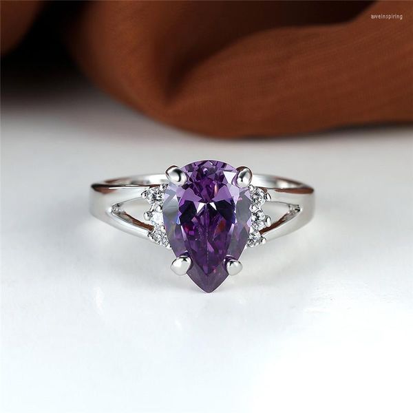 Уважаемые кольца грушево -кусок фиолетового циркона обручальное кольцо роскошное хрустальная вода капля камень винтажный серебряный цвет для женских украшений