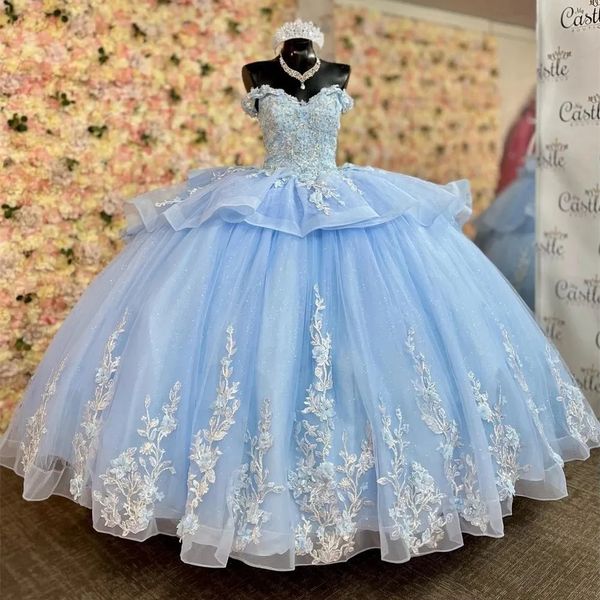 Glitter açık mavi quinceanera balo elbiseleri 2023 omuz balosundan fırfırlar junior pageant elbisesi katmanlı vestidos de 15 anos