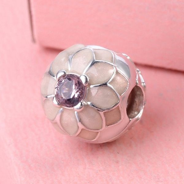 925 Sterling Silver Blooming Dahlia Clip charme com esmalte rosa CZ