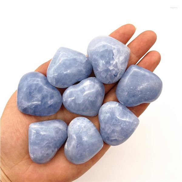 Statuette decorative bellissime 1 pezzo piccolo cristallo di calcite blu naturale a forma di cuore pietre di palma curative Reiki pietre preziose cristalli di quarzo