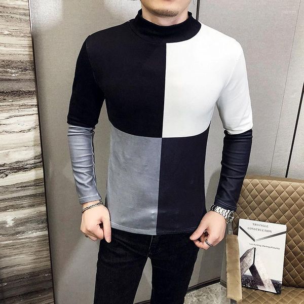 Camisetas masculinas contraste costurando homens vintage masculino gulheneck pullover pullover cair elegante camiseta de manga longa roupas de veludo camisa