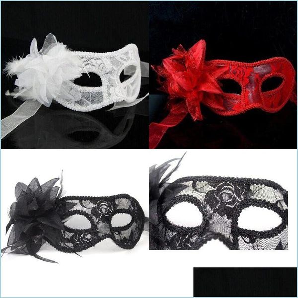 Maschere per feste Y Nero Bianco Rosso Donne Mascherata veneziana piumata per un ballo in maschera Fiore di pizzo 3 colori Consegna goccia Giardino domestico F Dhfm1