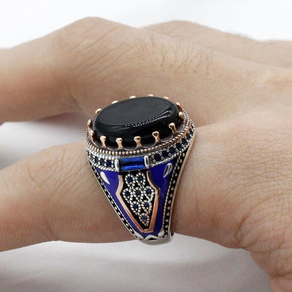 Кластерные кольца черное кольцо агата для мужчин 925 Серебряное серебряное винтаж натуральный камень драгоценный камень с синей эмалью панк турец