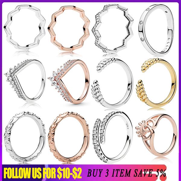 925 Silber Frauen Fit Pandora Ring Original Herz Krone Mode Ringe Rose Gold Ring Prinzessin Wishbone Herz Krone Weizen Zickzack Ring