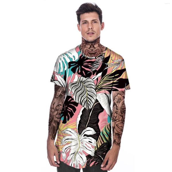 Camisetas masculinas harajuku 3d folhas coloridas impressão digital desgaste casual manga curta - camisa solta u hem leite de seda poliéster