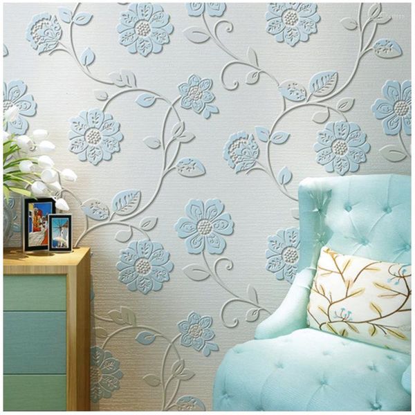 Papéis de parede azul rosa bege floral 3D em relevo papel de parede decoração casa quarto sala de estar de tratamento infantil