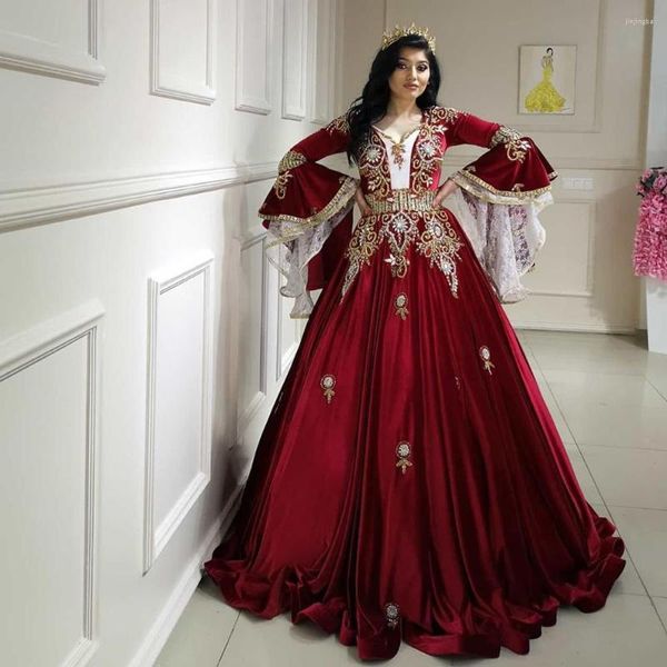 Вечеринка роскошные бургундские бархатные бархатные вечерние рукавов мароккань кафтановые выпускные платья Длинное арабское платье невесты Дубай