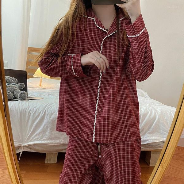 Indumenti da notte da donna 2023 Pigiama a maniche lunghe scozzesi rossi Set da donna Primavera Autunno Pigiama Suit Pantaloni Ragazze Pijama Home Wear Regalo di Natale