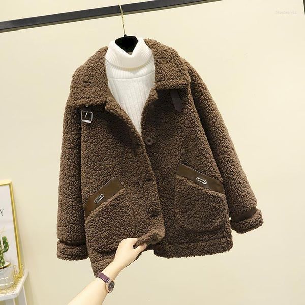 Jackets femininos Lamb Plush Peur Casual Casual Casual Jaqueta 2023 Autumn Winter estilo coreano Curto Polar Fleece Outerwear Mulheres