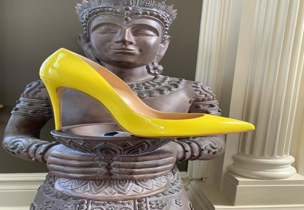 Сексуальная дизайнерская модная женская обувь, желтые лакированные туфли на высоком каблуке-шпильке для невесты, свадебные туфли-лодочки, новый большой размер 3793072