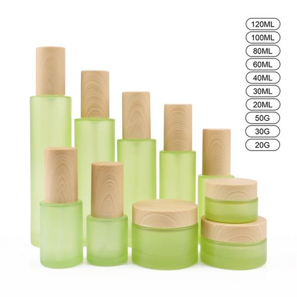 Mattierte grüne Glasflasche, Cremetiegel, Spray, Lotion, Pumpflaschen, Kosmetikbehälter, 20 ml, 30 ml, 40 ml, 60 ml, 80 ml, 100 ml, 120 ml mit Holzimitat