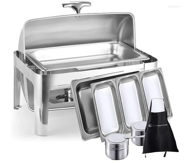 Set di stoviglie Deluxe Chafer Dish - Capacità di 8 quarti Full-Size S/S Rettangolare Include vaschetta Acqua e portacarburante Argento lucido