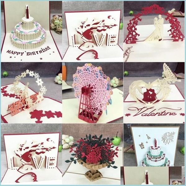 Biglietti d'auguri 3D pop-up con busta Cartolina tagliata al laser per il compleanno Natale San Valentino Decorazione per feste Drop Delive Dhfl7