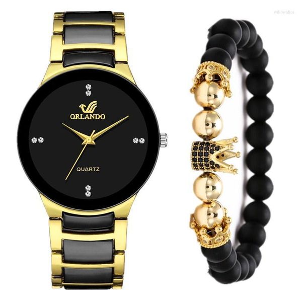 Orologi da polso Set di orologi e bracciali da uomo 2023 Moda di arrivo Orologi al quarzo in acciaio inossidabile Orologio da uomo nero di lusso in oro SaatWristwatc