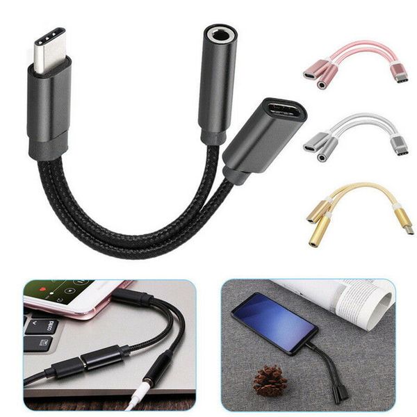 Adattatori per caricabatterie tipo C 2 in 1 Adattatore per connettore cavo USB C jack audio intrecciato per cuffie per HUAWEI Xiaomi Samsung