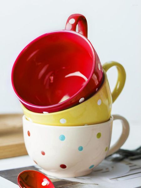Kaseler Polka Dotlar Seramik Bardaklar Kahvaltı Sütü Yulaf Ezmesi Kupası Ev Büyük Kapasiteli Çay Hakkabı Öğleden Tay Tatlı Kase Salatası