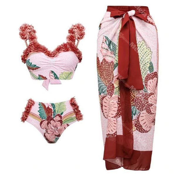 Carino costume da bagno a tre pezzi Push Up Lady Bikini con fiore imbottito stampato INS costume da bagno Hot Spring Women Dress