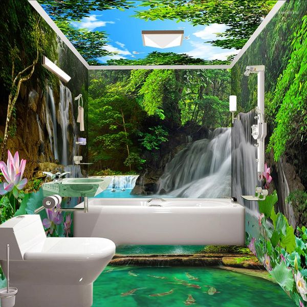 Sfondi Murale personalizzato Carta da parati 3D Cascate Foreste Natura Paesaggio Affresco PVC Impermeabile Bagno Sfondo Adesivo da parete Decorazioni per la casa