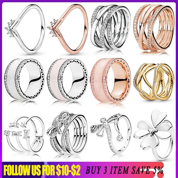 925 Silber Frauen passen Pandora Ring Original Herz Krone Mode Ringe Rose Gold Ring Tiara Wishbone Bow Libelle Klee breit