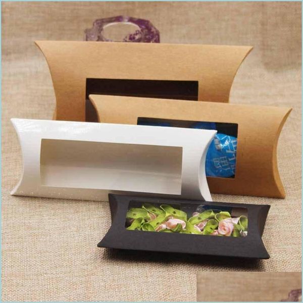 Geschenkpapier-Kraft-Kissen-Kasten mit durchsichtigem PVC-Fenster, schwarz, braun, weiß, Form, handgefertigt, Bonbonseife, Verpackung, Drop-Delivery, Hausgarten, Fes Dhmpo