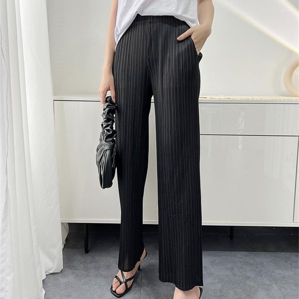 Pantaloni da donna 2023 Primavera ed Estate Miyake Pantaloni a gamba dritta a pieghe Donna Elegante Vita alta elastica Alla caviglia Lungo 15 colori