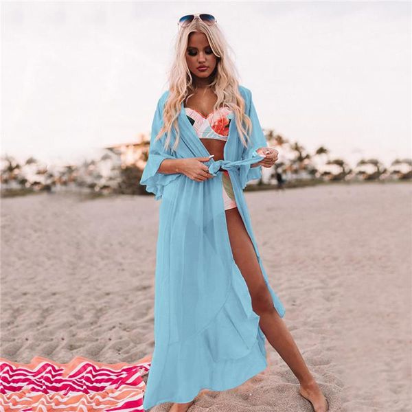 Menas de banho feminina Drop Bohemian Blush de chiffon Beach Blusa de chiffon Plain Cardigan Holiday Shirt Lace-up Kimono