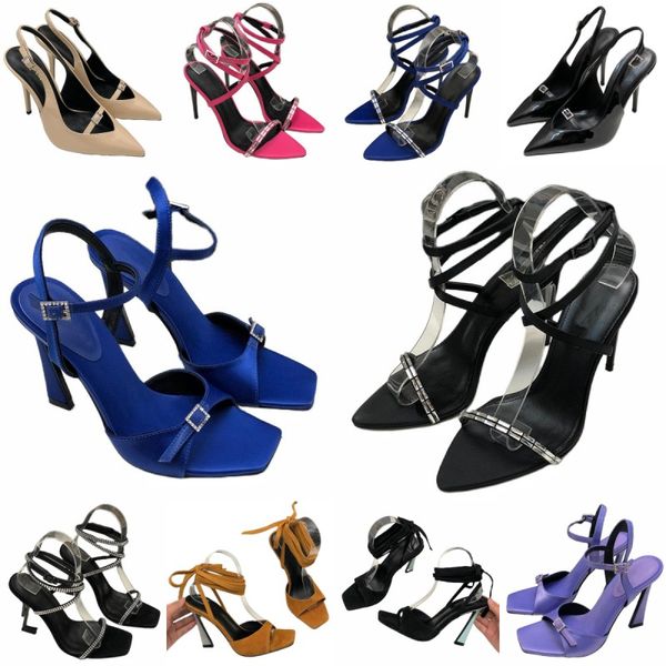Yaz sandalet lüks kayışlar yüksek topuklu açık ayak parti ayakkabıları seksi mektup tasarımcı ayakkabı moda perçin elbise ayakkabıları toka kadın ayakkabıları parlayan elmas çapraz bağlı