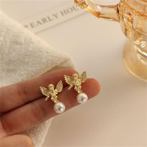 Ohrstecker Mode Niedlich Amor Engel Für Frauen Elegante Retro Französisch Gold Farbe Perle Ohrring Mädchen Party Schmuck Geschenke