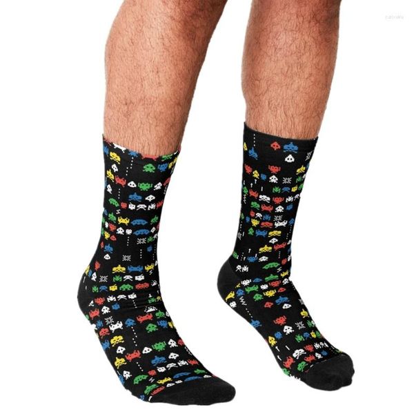 Mens Socks 2023 Funny Retro Space Invaders Pattern Hip Hop Men Happy Carina Boys Street Style Crazy For