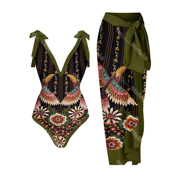 Roupa de banho estampada vintage conjunto de duas peças biquínis de férias primavera quente sem costas maiô feminino vestido de praia estilo boêmio maiô