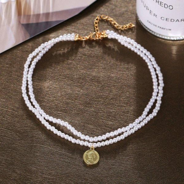 Halsband Simulierte Perlenkette Für Frauen Vintage Doppelschicht Münze Porträt Anhänger Mode Hochzeit Schmuck Zubehör Geschenk