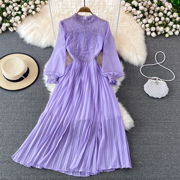 Vestidos casuais novos rosa Spring Autumn Solid Slim Full Lady Dress A Line O Pescoço Pullover de Chiffon Alta Cálida Mulheres Mulheres Vestidos 2023