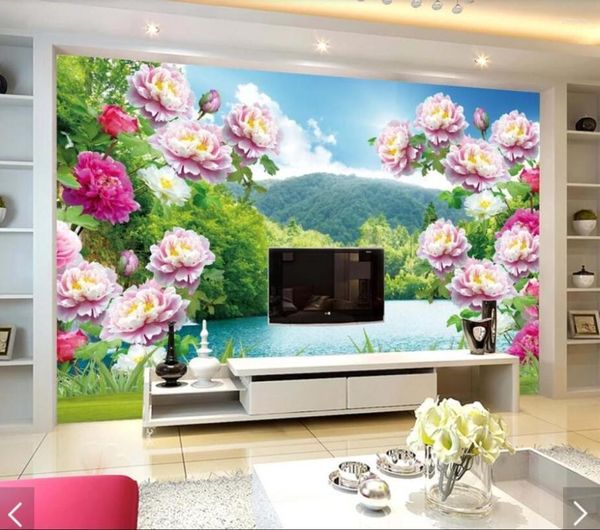 Sfondi Murales con fiori di peonia per il soggiorno Carta da parati con paesaggi Rotoli di carta stampati Po Mural Floral Papel Custom