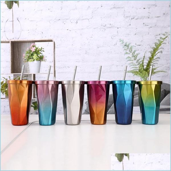 Tumblers 500 ml de aço inoxidável xícaras de carro de diamante viagens de café canecas de chá com tampa e gradiente de st gradient Drop Drop Home Garden Kitche Dhhgc