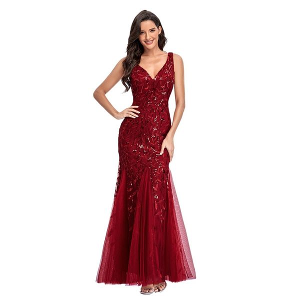 Abiti fai-da-te Sexy collo a V con scollo a V ricamato senza maniche con paillettes Slim Fishtail Brides OEM Bodycon Party Customization Dress per le donne