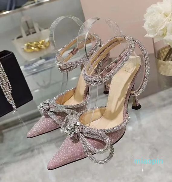 Avrupa ve Amerika Sandalet Yüksek Topuklular 2023 Bow Rhinester Posty Glitter Sandalet Kadın Dantelli Stiletto Topuklar