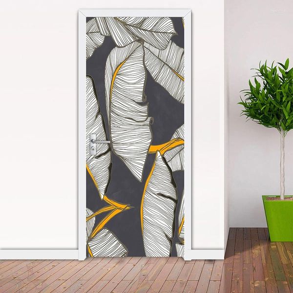 Sfondi 3D fai da te decorazione domestica carta da parati adesivo per porte foglie di bambù tropicale adesivi per porte autoadesivi in PVC impermeabile decalcomania murale